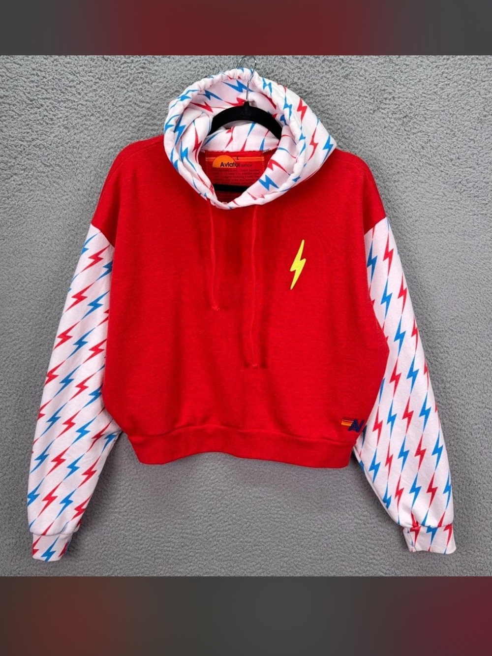Aviator Nation Red Hoodie with Blue and White Lightning